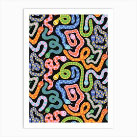 Happy Snakes Black - Bright Rainbow Textured Snakes Kids Art Print