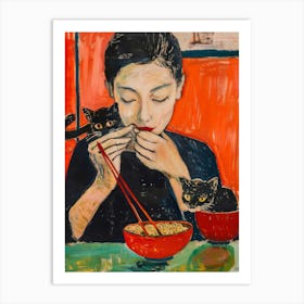 Portrait Of A Girl With Cats Eating Ramen 4 Art Print