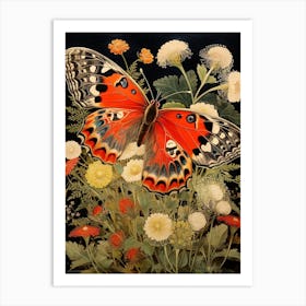 Japanese Style Painting Of A Butterfly With Flowers 2 Art Print