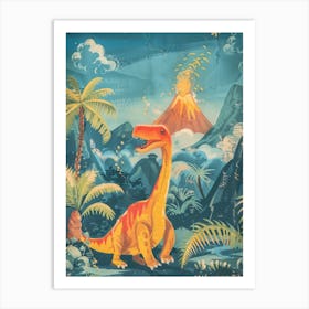 Dinosaur & A Volcano Illustration 2 Art Print