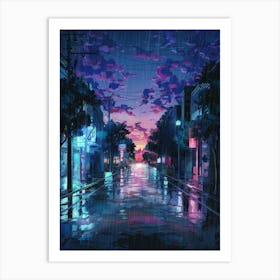 Anime Canvas Art: Vibrant Rainy City Street at Dusk with Neon Reflections, Perfect for Lofi Aesthetic and Urban Night Scene Lovers. Art Print