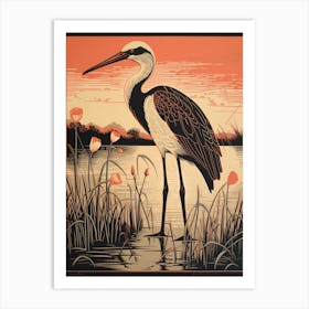 Vintage Bird Linocut Stork 4 Art Print