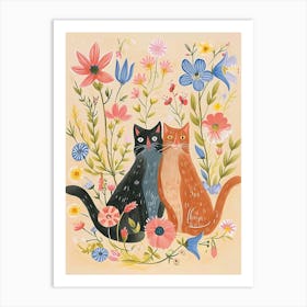 Folksy Floral Animal Drawing Cat 5 Art Print