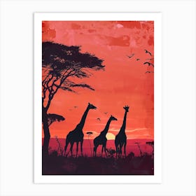 Giraffe Red Sunset Silhouette 4 Art Print