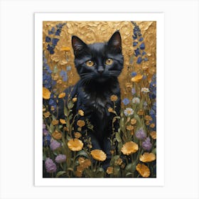 Klimt Style Black Kitten Cat in English Garden Wild Flowers Gold Leaf Painting - Gustav Klimt Monet Waterlillies HD High Resolution Poppies 1 Art Print