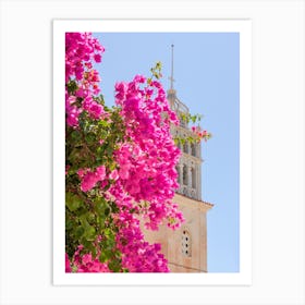 Greek Church Behind Pink Bougainvillea Flowers Art Print