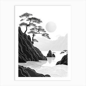 Chinese Landscape, Linear, Woodcut Style, Black And White, Flat, Chinese Culture Inspired, Minimalism, Abstract Outlines, Elegant Layout Art Print