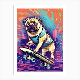 Pug Dog Skateboarding Illustration 1 Art Print