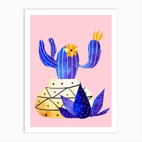 Golden Pot And Cute Cactus Art Print