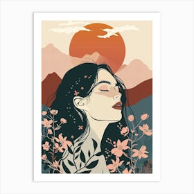 Girl With Flowers And Sunset Art Print