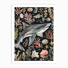 Squatina Genus Shark Seascape Black Background Illustration 2 Art Print