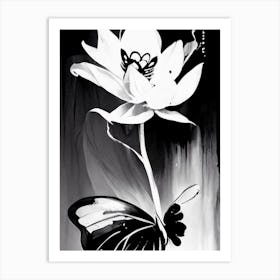 Lotus And Butterfly Symbol Black And White Painting Art Print