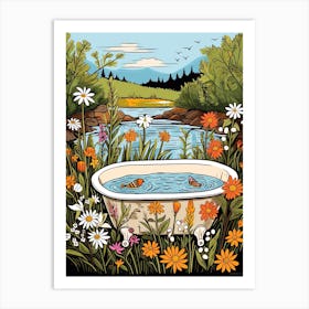 Bathtub View With Flowers Illustration Art Print