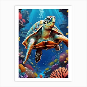 Sea Turtle dives amongst the coral Art Print