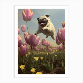 Happy Pug in the Tulips Art Print