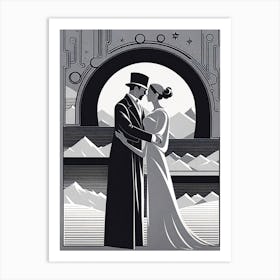 Wedding In The Mountains Wood Print, monochromatic vector art Art Print