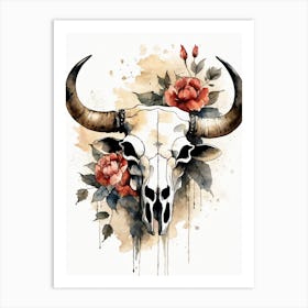 Vintage Boho Bull Skull Flowers Painting (55) Art Print