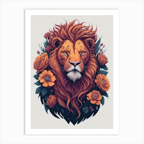 Lion Head With Flowers Art Print