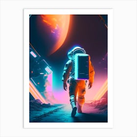 Astronaut Walking Next To Space Station Neon Nights Art Print