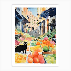 Food Market With Cats In Amalfi 3 Watercolour Art Print