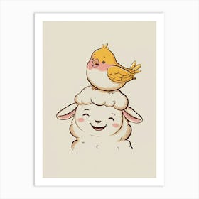 Cute Sheep And Bird Art Print