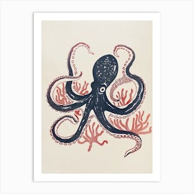 Simple Linocut Navy Octopus With Coral Art Print