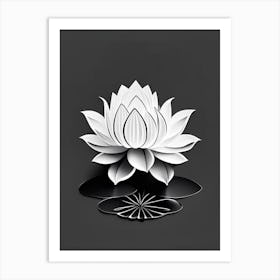 Blooming Lotus Flower In Pond Black And White Geometric 2 Art Print
