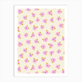 Soft Scattered Flowers and Leaves Pink, Blue, Yellow on Cream White Art Print