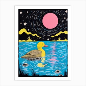 Linocut Style Duckling In The Lake Under The Moonlight 2 Art Print