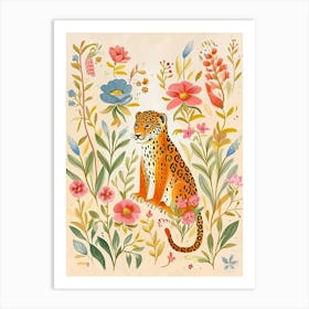 Folksy Floral Animal Drawing Jaguar 3 Art Print