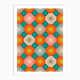 HAIRCAP MOSS Stylized Geometric Botanical Octagon Tile in Turquoise Teal Orange Pink Citrine Beige Art Print