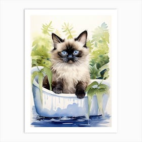 Balinese Cat In Bathtub Botanical Bathroom 7 Art Print