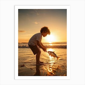 Little Boy Playing With A Fish Art Print