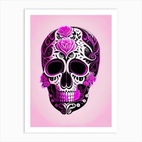 Skull With Intricate Linework Pink Mexican Art Print