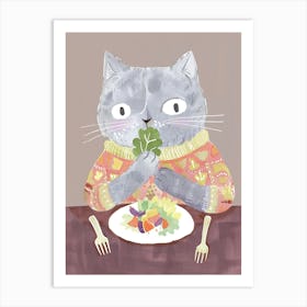 Cute Cat Eating Salad Folk Illustration 4 Art Print