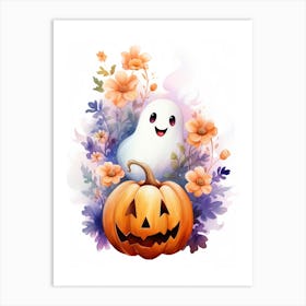 Cute Ghost With Pumpkins Halloween Watercolour 139 Art Print