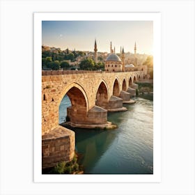 Ottoman Footbridge Arching Gracefully Over A Serene River Ancient Town Sprawling Hillside With Cobb (1) Art Print