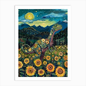 Dinosaur In A Sunflower Field Landscape Painting 3 Art Print