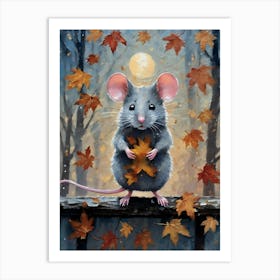 Cottagecore Mouse in Autumn Forest - Acrylic Paint Little Fall Mice Art with Falling Leaves at Night on a Full Moon, Perfect for Witchcore Cottage Core Pagan Tarot Celestial Zodiac Gallery Feature Wall Beautiful Woodland Creatures Series HD Art Print