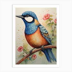 Blue Titmice Bird Floral Painting Art Print