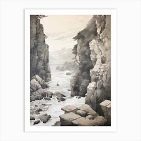 Tojinbo Cliffs In Fukui, Ukiyo E Black And White Line Art Drawing 3 Art Print