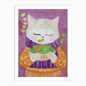 Cute White Tan Cat Eating Salad Folk Illustration 2 Art Print