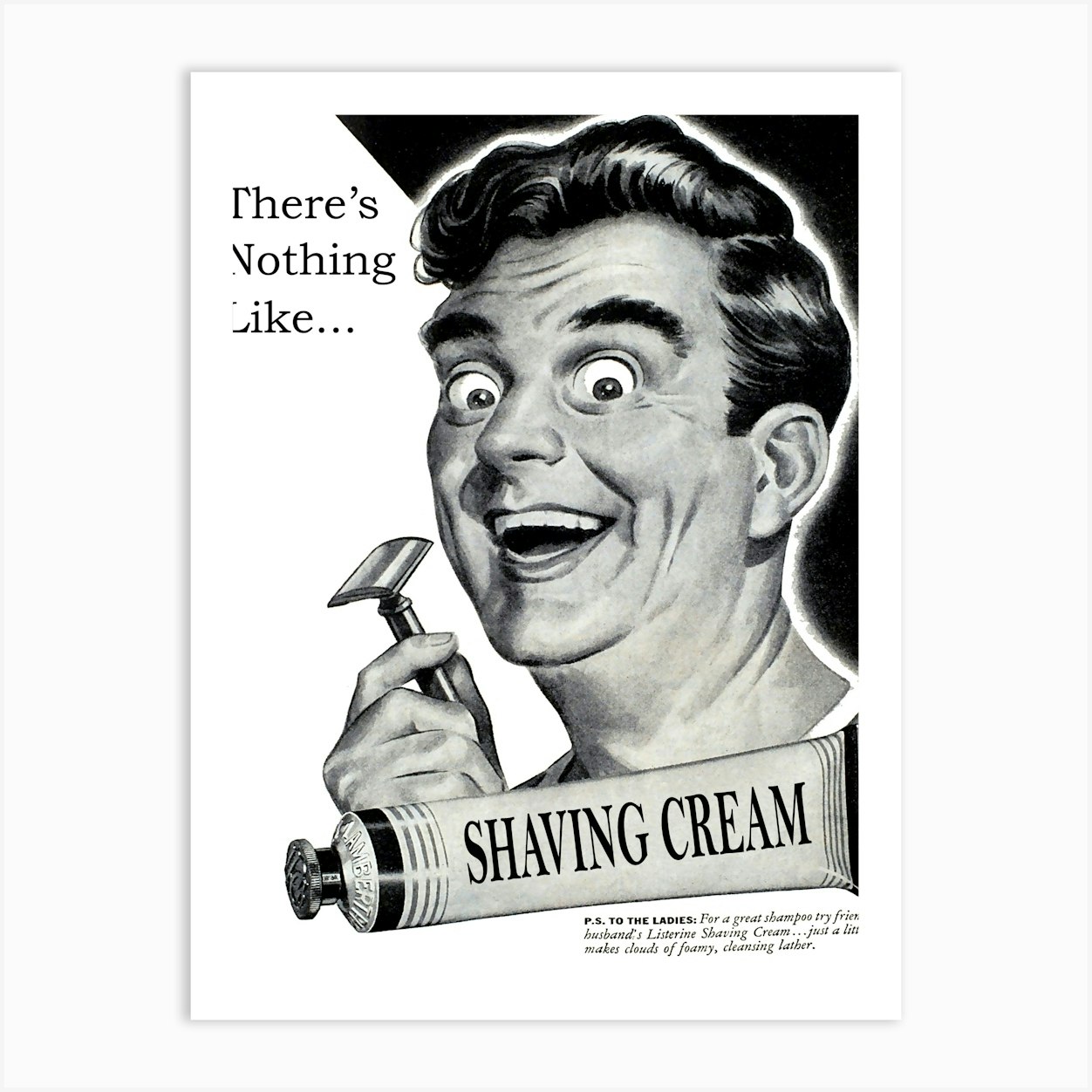 There Is Nothing Like Shaving Cream, Funny Face with a Razor, Vintage Advertising Poster Art Print by Vintage Spirit