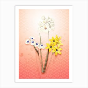 Corn Lily Vintage Botanical in Peach Fuzz Hishi Diamond Pattern n.0013 Art Print