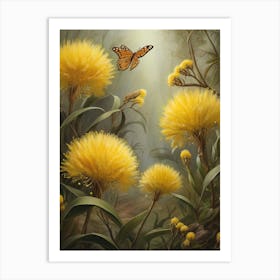 Butterfly Over Yellow Flowers Australia  Art Print