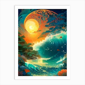 Ocean Wave At Night ~ The Great Barrier Reef Seascape Imagined Visionary Psychedelic Mandala Fractals Fantasy Artwork Sun Moon Yoga Spiritual Awakening Meditation Wall Room Decor Art Print