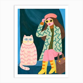 Woman Girl And Pink Cat, fashion outfit Poster