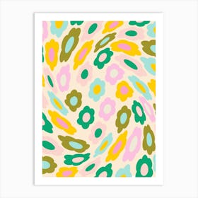 Retro Wavy Floral Aesthetic Trippy Abstract Spring Flowers in Pastel Pink Yellow and Green Art Print