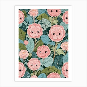 Kawaii Smiling Flowers Art Print