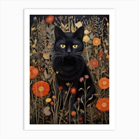 Black Cat In Flowers Art Print